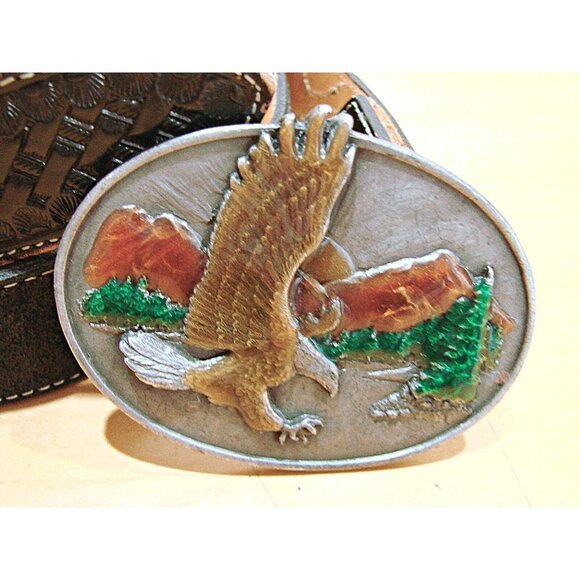 Nocona Leather Belt and 3D Flying Eagle Siskiyou Buckle Size 40 Vintage 1982 USA - Picture 2 of 12